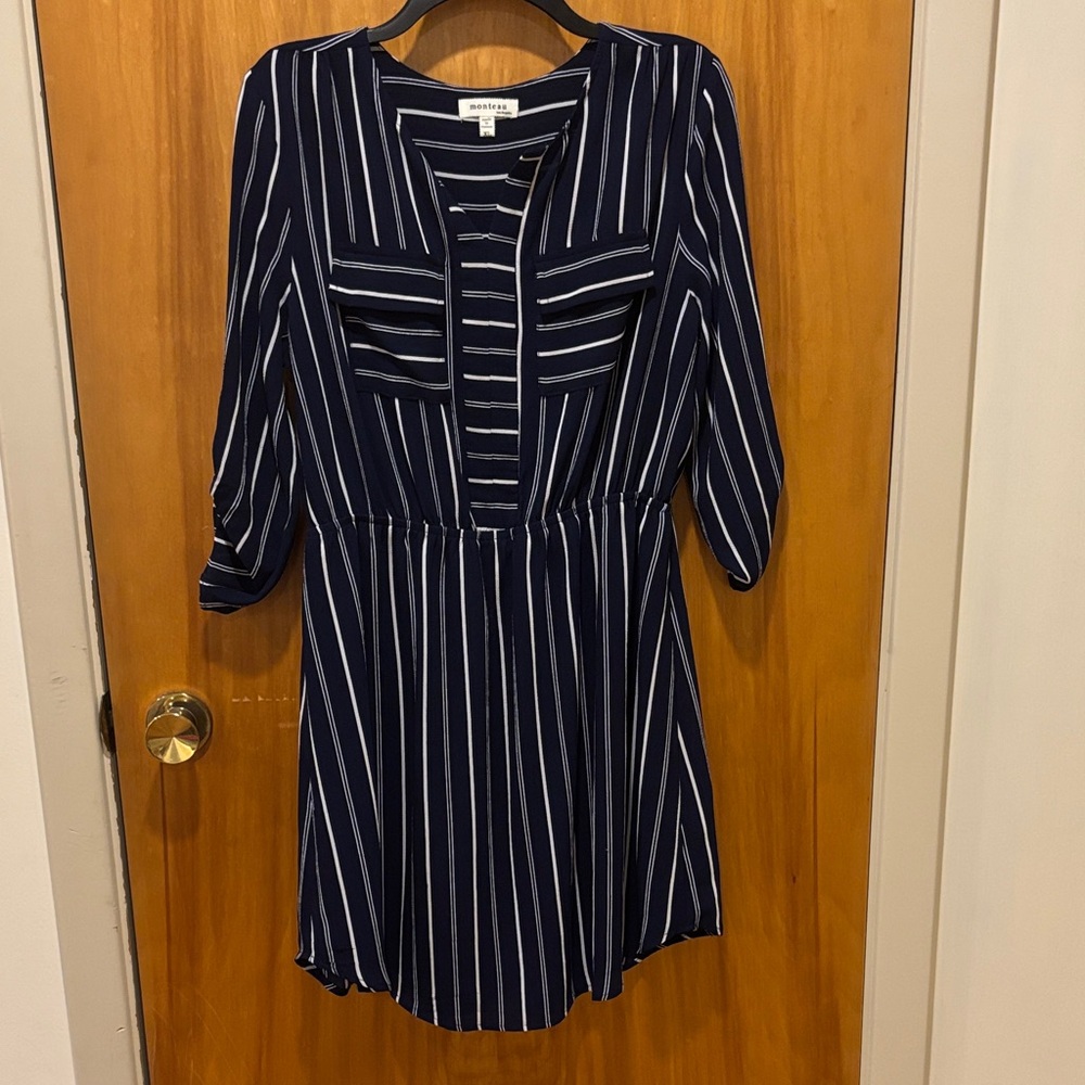 Monteau Navy and White Striped Long Sleeve Dress